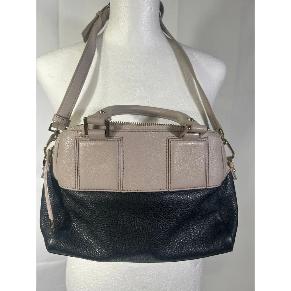 Kate Spade New York Pebble Leather Two Tone Satchel Handbag Black Beige Gold#256
